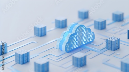 Cloud computing infrastructure showing data storage, servers, and network connections represented in a futuristic technology concept.