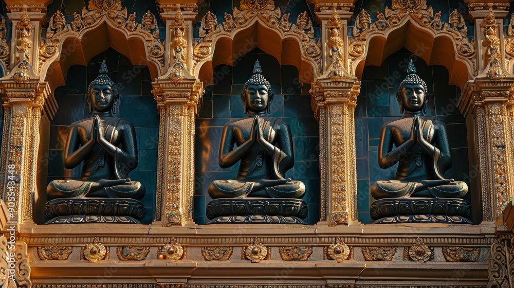 Statues of the Buddha in various poses against a backdrop of ornate temple architecture Statues of the Buddha in various poses against a backdrop of ornate temple architecture