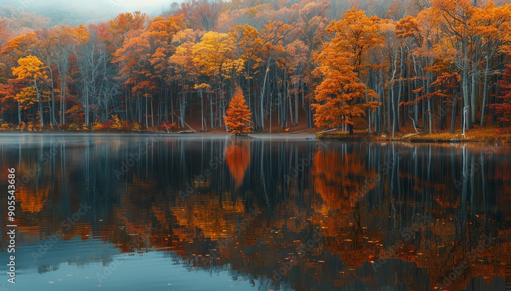 Naklejka premium Calm lake with reflections of autumn trees, fall tranquility, serene landscape