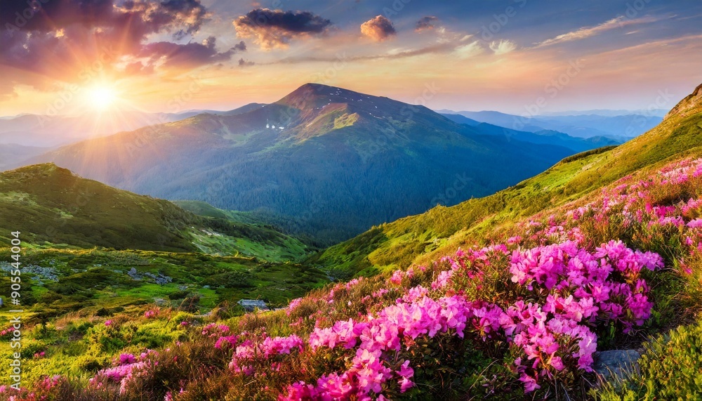 Magic pink rhododendron flowers on summer mountain Magic pink rhododendron flowers on summer mountain