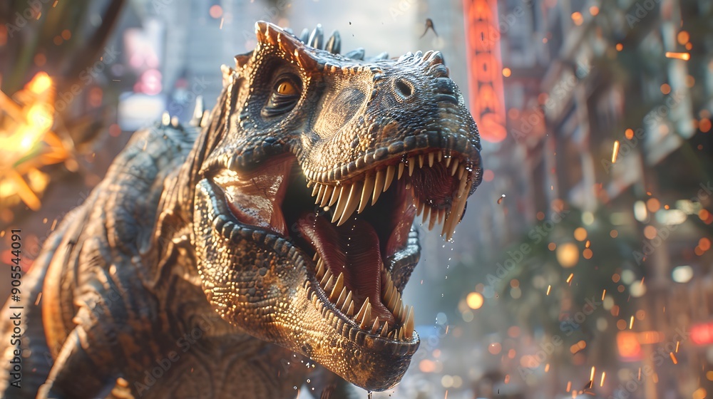 Tyrannosaurus Rex's City Rampage: A hyperrealistic depiction of a Tyrannosaurus Rex wreaking havoc in a modern cityscape, with flames and debris flying. Perfect for action, sci-fi, and prehistoric the Tyrannosaurus Rex's City Rampage: A hyperrealistic depiction of a Tyrannosaurus Rex wreaking havoc in a modern cityscape, with flames and debris flying. Perfect for action, sci-fi, and prehistoric the