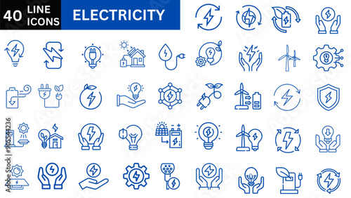 Set of 40 line icons related to energy, electrical energy, electricity. Outline icon collection. Vector illustration. Editable stroke