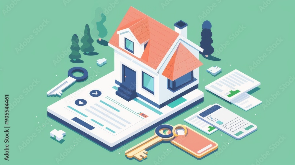 An isometric illustration of a house on a smartphone with keys and documents. A concept for digital real estate or online home buying. An isometric illustration of a house on a smartphone with keys and documents. A concept for digital real estate or online home buying.