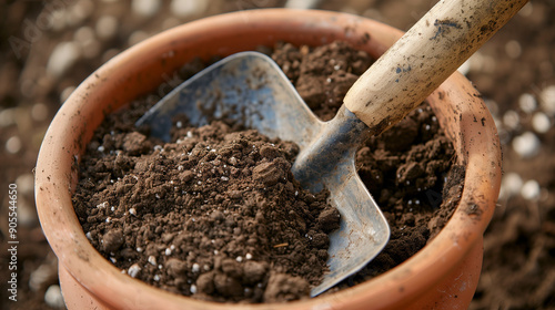 A close-up view of a shovel digging into a pot of rich soil, illustrating the essence of gardening and soil preparation.