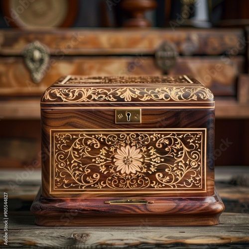 An ornate wooden box with intricate floral carvings and a brass lock, sitting on a wooden surface.