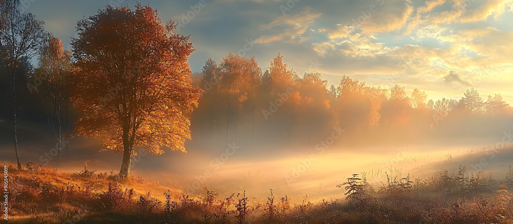 Fototapeta premium Serene autumn landscape at sunrise, showcasing vibrant trees, misty air, and warm sunlight—ideal for marketing, education, and nature-themed projects, features ample copy space.