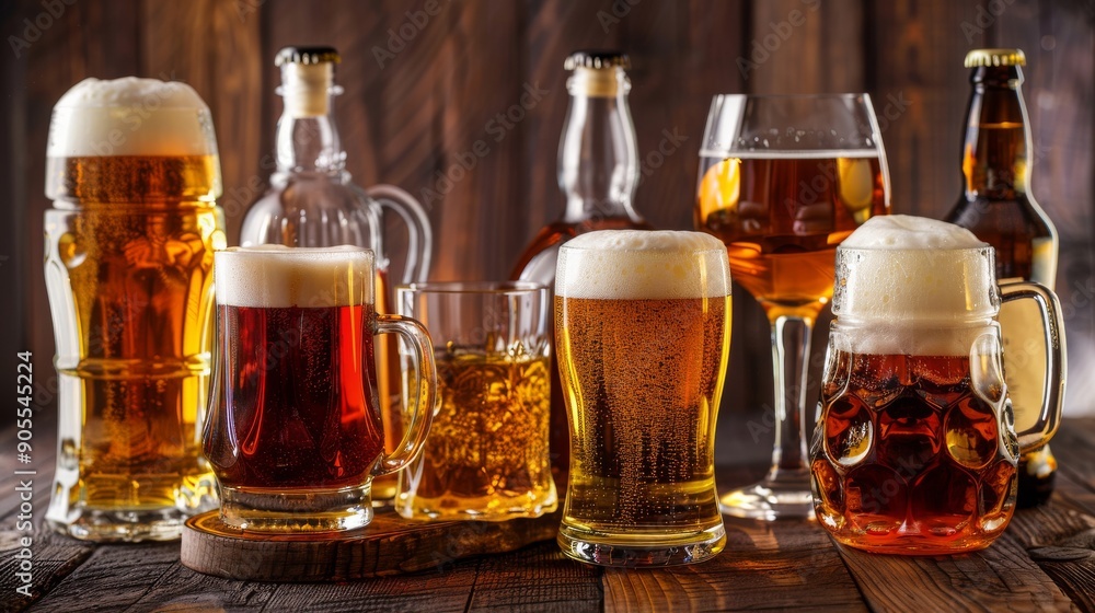 Assortment of beer, wine, and liquor bottles and glasses on a wooden table. Assortment of beer, wine, and liquor bottles and glasses on a wooden table.