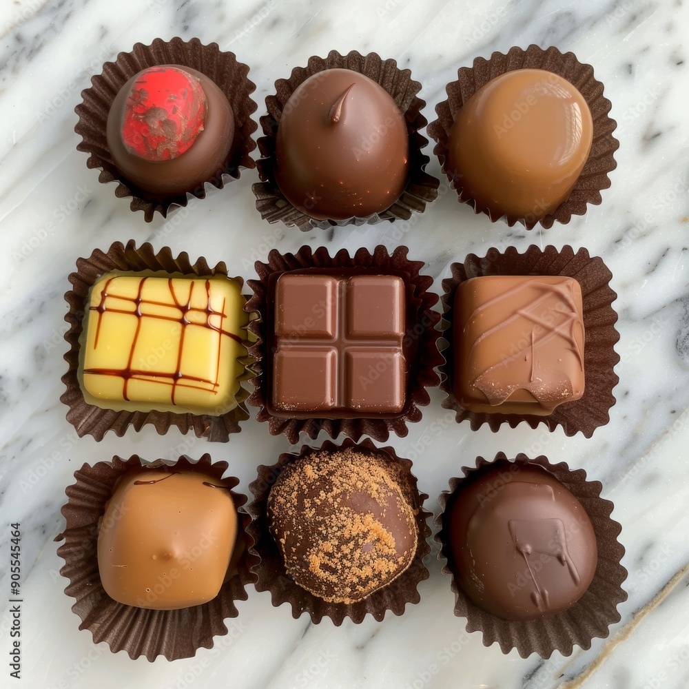 Assortment of gourmet chocolates in various shapes and flavors, beautifully arranged on a marble surface. Assortment of gourmet chocolates in various shapes and flavors, beautifully arranged on a marble surface.