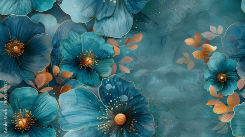 This seamless pattern features beautiful teal flowers with golden accents, perfect for elegant designs