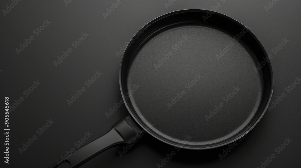 Black frying pan with a black handle on a black background. Empty pan ready for cooking. Black frying pan with a black handle on a black background. Empty pan ready for cooking.