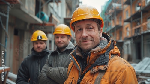 Three Construction Workers Smiling in Front of Building Under Construction on a Cloudy Day