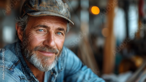 Authentic Smiling Man Wearing Blue Denim Shirt and Hat Inside Rustic Workshop