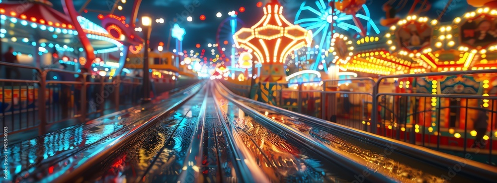 Fototapeta premium A colorful carnival featuring rides, games, and festive lights, creating a lively atmosphere filled with carnival fun.