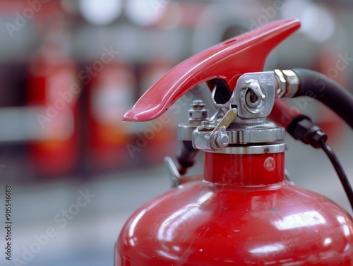 A close-up of a red fire extinguisher, highlighting its handle and nozzle, symbolizing safety and preparedness in emergency situations.