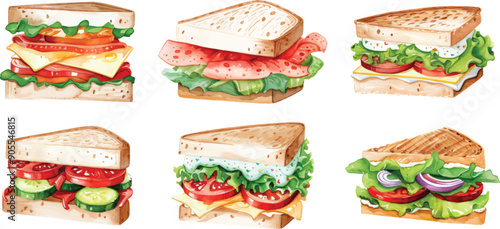 Set collection of sandwich with ham, cheese, tomato and vegetables hand drawn watercolor design resources elements