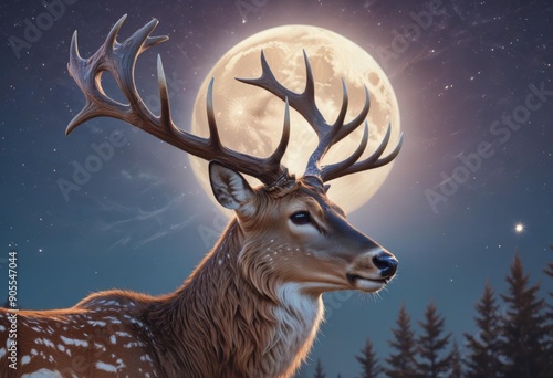 Close-Up Portrait of a Male Deer with Ornate Antlers: Mottled Brown and White Coat, Calm Demeanor, High Detail in Pastel Soft Tones with Dramatic Light photo