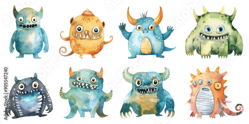 Set collection of funny cute monsters hand drawn watercolor design resources elements