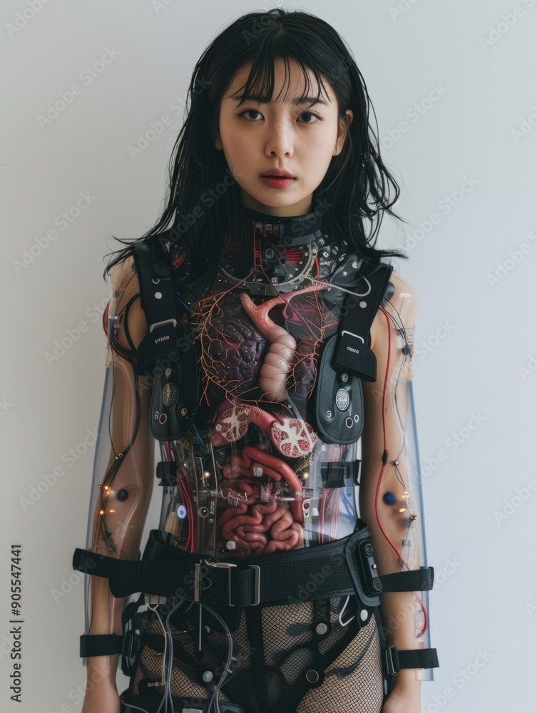 Naklejka premium Asian woman with transparent body displaying detailed mechanical cybernetic enhancements, standing against plain, image futuristic intricate nature technology with focus on woman calm expression.