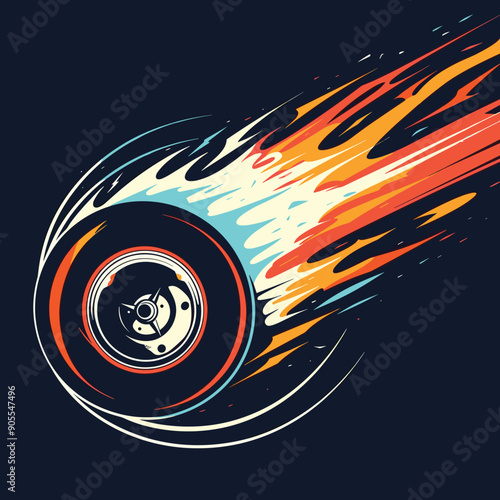 Speeding car wheel engulfed vibrant flames trailing blazing lines against dark backdrop. Fastmoving vehicle tire burning fire, motion effect, speed concept illustration. Dynamic auto wheel, fiery
