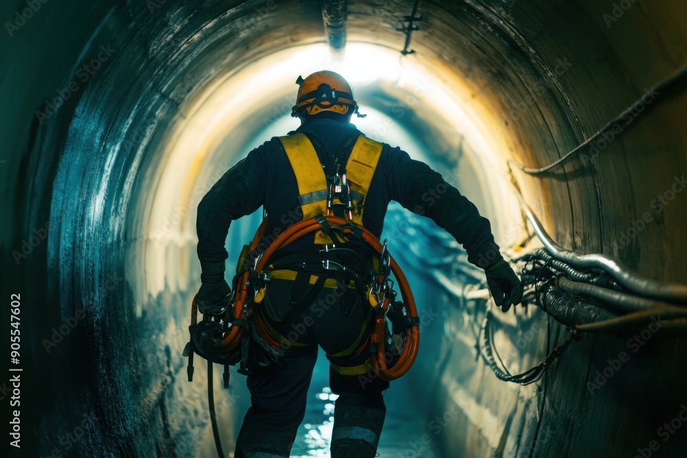 Fototapeta premium Worker in Safety Gear Navigating Underground Tunnel