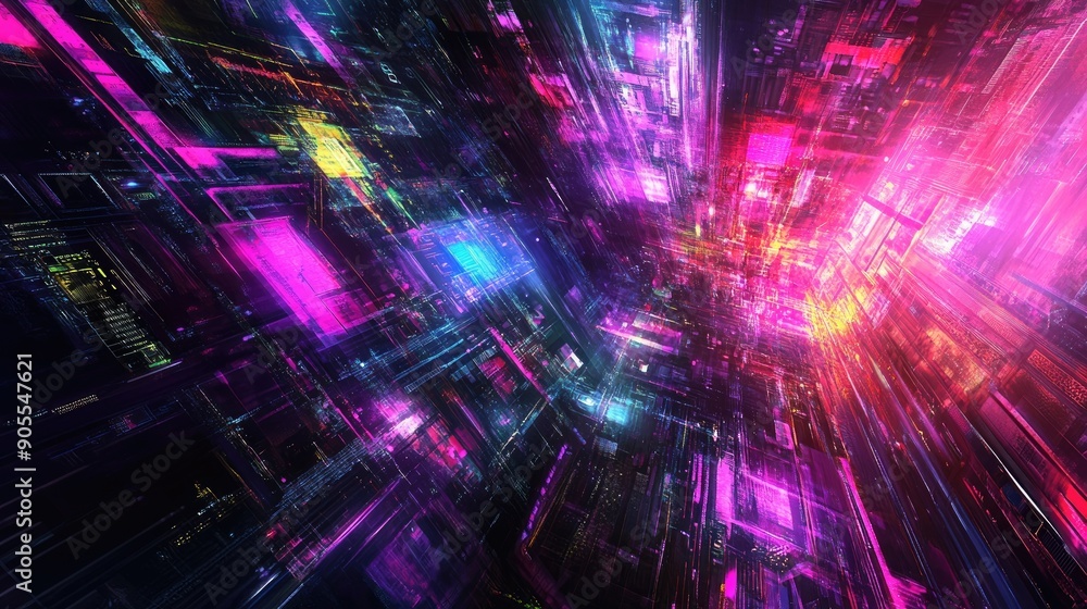Abstract digital art with a futuristic theme, featuring neon lights and cyber elements Abstract digital art with a futuristic theme, featuring neon lights and cyber elements