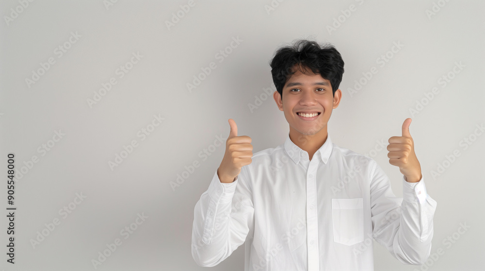 Indonesian male age 20, white shirt, smiling, thumbs up pose, white background Indonesian male age 20, white shirt, smiling, thumbs up pose, white background