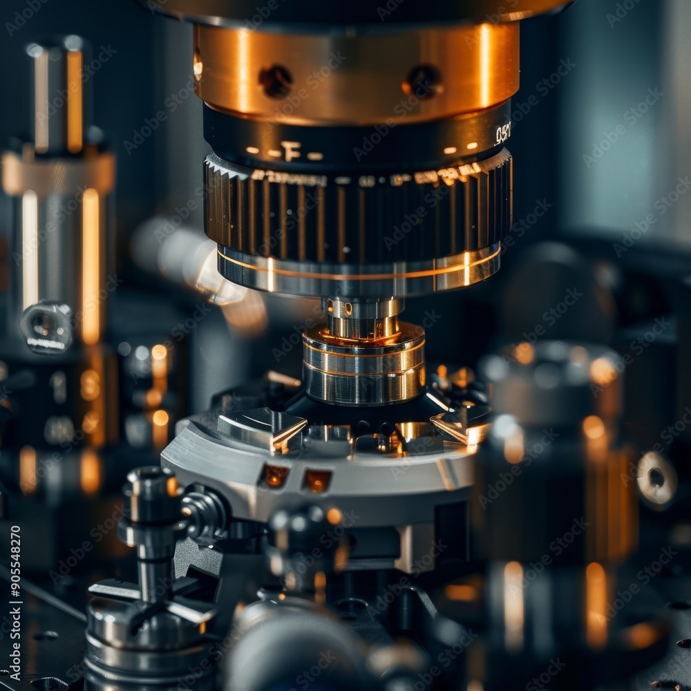 Close-up of a precision machining process with a metal part being worked on. The image highlights the intricate details of the machine and the precision of the process. Close-up of a precision machining process with a metal part being worked on. The image highlights the intricate details of the machine and the precision of the process.