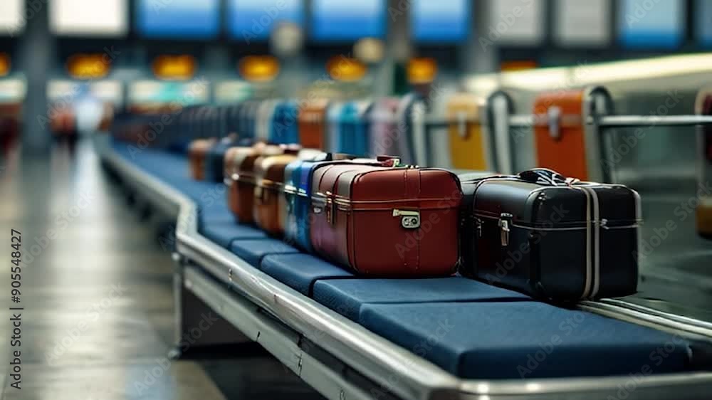 Luggage on a Conveyor Belt at an Airport Terminal Luggage on a Conveyor Belt at an Airport Terminal