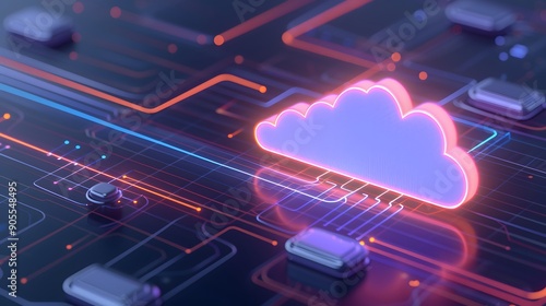 Digital cloud computing visualization with neon colors, representing futuristic technology and virtual data storage on a circuit board.