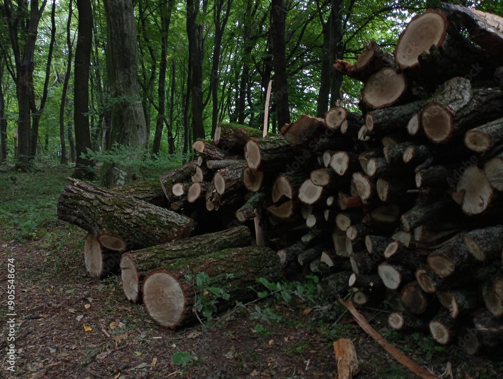 A large pile of oak firewood is harvested in the forest in the summer. Use of wood for heating houses. A large pile of oak firewood is harvested in the forest in the summer. Use of wood for heating houses.