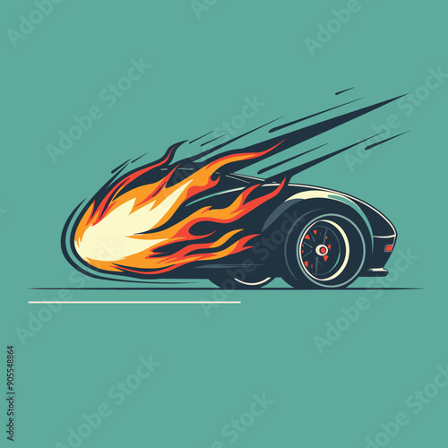 Speeding black sports car enveloped orange yellow flames against teal background. Aggressive flame design suggests high speed, power, energy. Vintage style drawing depicts car fire moving fast