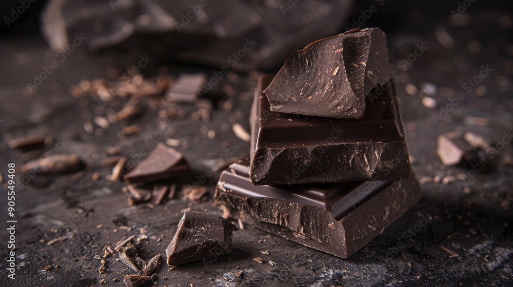 Close-up of dark chocolate chunks scattered on a dark surface. The rich, dark chocolate is perfect for use in desserts, baking, or simply enjoying as a treat. Close-up of dark chocolate chunks scattered on a dark surface. The rich, dark chocolate is perfect for use in desserts, baking, or simply enjoying as a treat.
