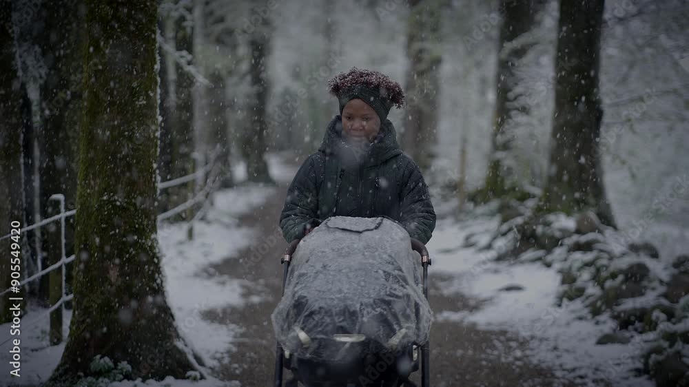 A serene woman pushing a stroller along a snowy forest path in the winter wonderland A serene woman pushing a stroller along a snowy forest path in the winter wonderland