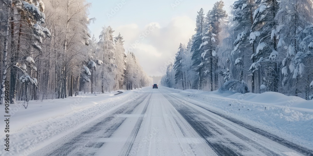 Beautiful long snow highway view in cold weather. AI generation. Beautiful long snow highway view in cold weather. AI generation.