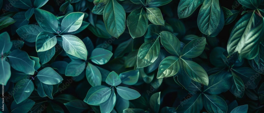 Close-up of lush green leaves with a dark, moody tone. Close-up of lush green leaves with a dark, moody tone.