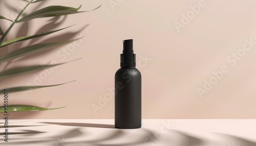 Sleek design of a black bottle containing natural cosmetic serum or body cream a light background,