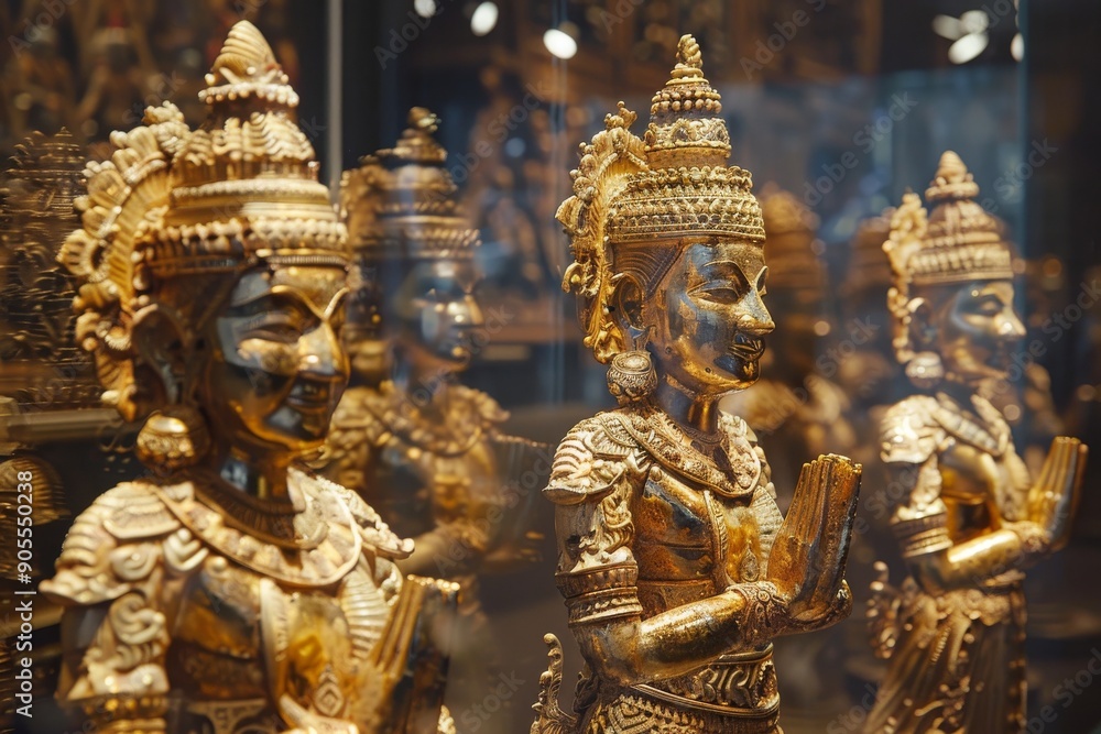 Fototapeta premium Close-up of ornate golden statues, likely depicting deities or figures of significance in Southeast Asian culture.