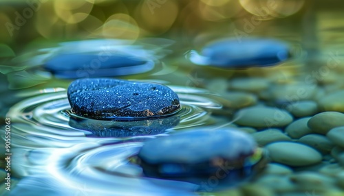 Tranquil scene of blue stones causing gentle ripples in water, ideal for a meditation Yoga Day,