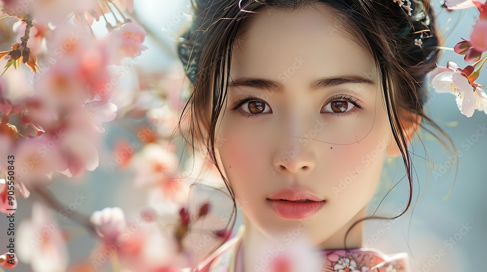 A photographic portrait of an Asian model with an innocent face, dressed in a traditional silk kimono, standing in a serene Japanese garden, cherry blossoms in full bloom, A photographic portrait of an Asian model with an innocent face, dressed in a traditional silk kimono, standing in a serene Japanese garden, cherry blossoms in full bloom,