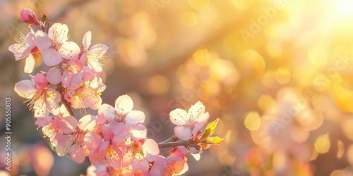 Beautiful nature spring blossom apricot tree scene. AI generation.