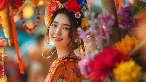 An Asian model with a bright, innocent expression, sitting on a decorated festival float, her vibrant outfit and joyful smile highlighting the festive spirit,