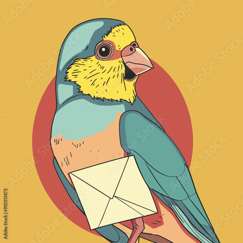 Cartoon bird holding envelope, yellow blue parrot delivers mail, avian messenger concept art. Bird illustration carrying letter, colorful animal postal service drawing, creative graphic design