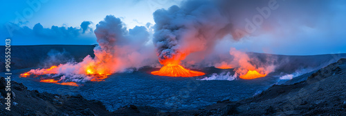 Volcanic landscape with billowing smoke photo