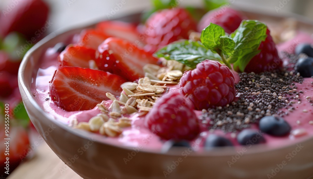 Fresh and Vibrant Berry Smoothie Bowl with Granola, Chia Seeds, and Mint Leaves in a Wooden Bowl Fresh and Vibrant Berry Smoothie Bowl with Granola, Chia Seeds, and Mint Leaves in a Wooden Bowl