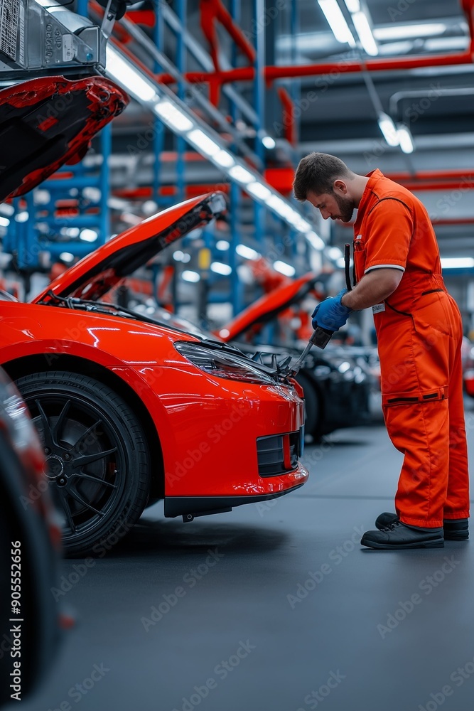 Male auto mechanic at work. Car repair. Auto service center. Vehicle maintenance work Male auto mechanic at work. Car repair. Auto service center. Vehicle maintenance work