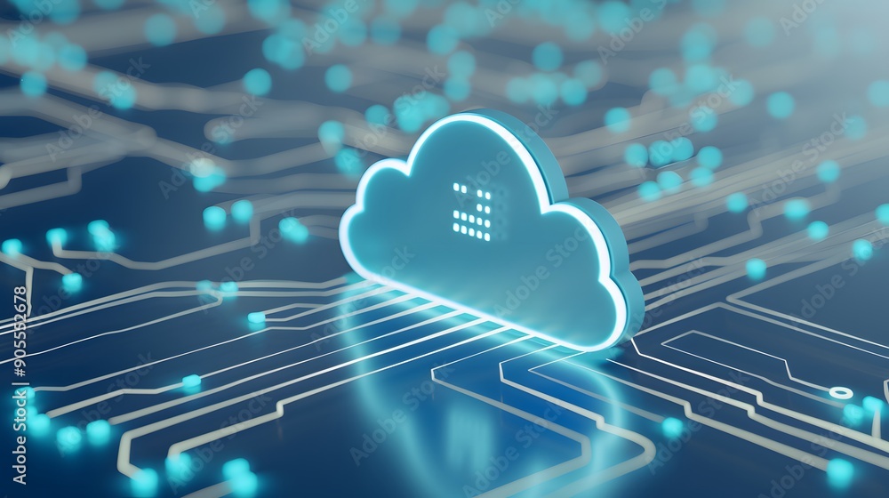 Futuristic cloud computing and data management concept with interconnected digital circuits and cloud symbol on a blue background. Futuristic cloud computing and data management concept with interconnected digital circuits and cloud symbol on a blue background.