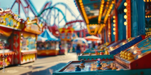 Colorful amusement park midway with games and roller coasters on a sunny day