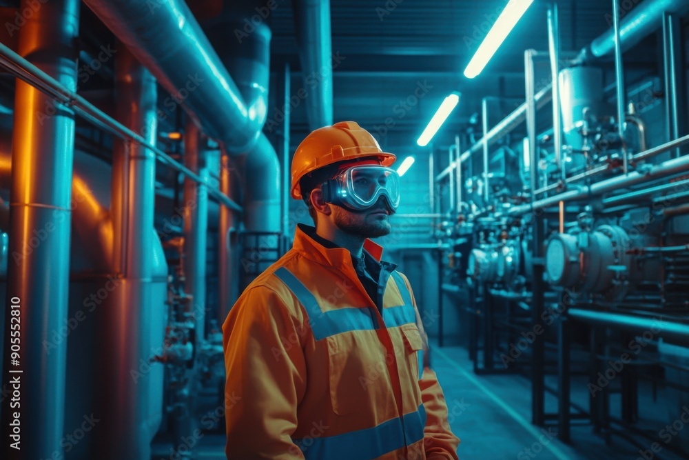 Worker Inspecting Industrial Facility During Night Shift Worker Inspecting Industrial Facility During Night Shift
