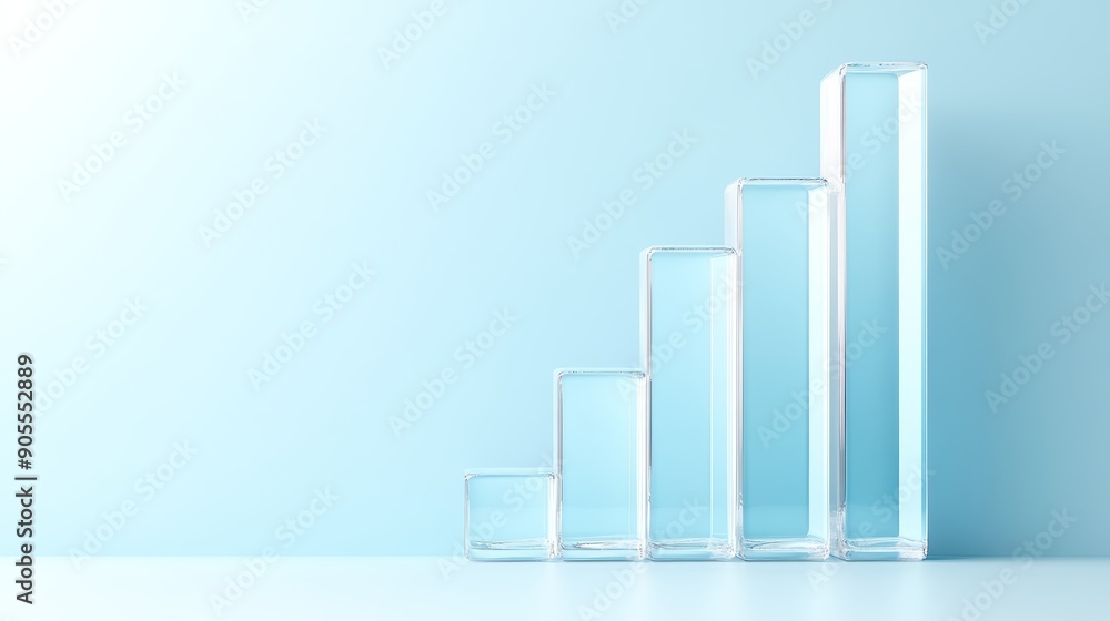 Futuristic glass bar chart, rising financial data, light blue backdrop, flat design illustration, high-resolution photo, realistic photo Futuristic glass bar chart, rising financial data, light blue backdrop, flat design illustration, high-resolution photo, realistic photo