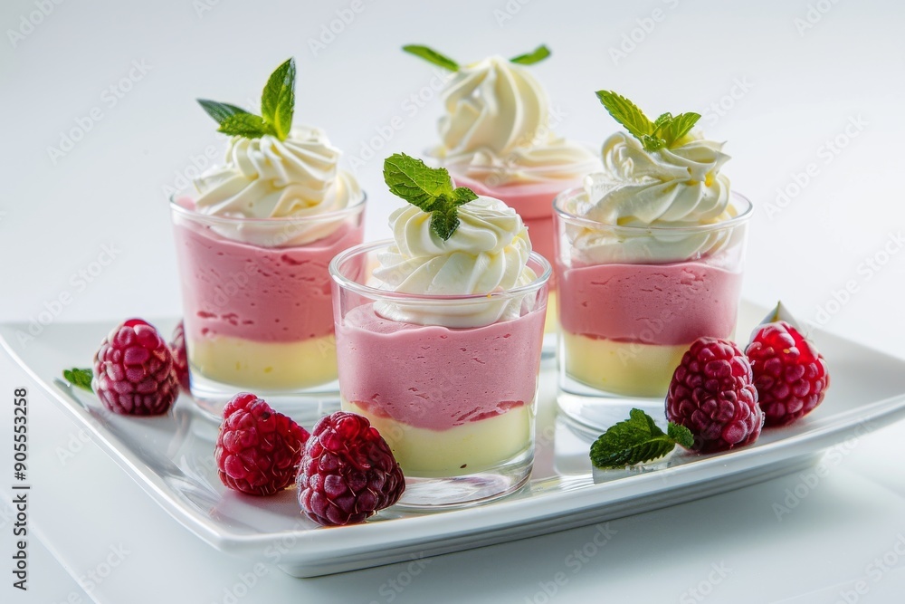 Four layered desserts with raspberry, whipped cream and mint garnish on a white plate. Four layered desserts with raspberry, whipped cream and mint garnish on a white plate.